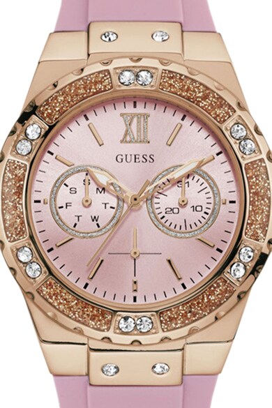 GUESS Ceas cu o curea de silicon, decorat cu cristale Femei