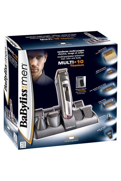 BaByliss Set complet de ras si tuns  Multi10 , Acumulator, 10 accesorii, Lame Titan, Gri Barbati