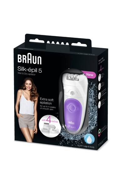 Braun Epilator  Silk-épil 5541 Wet&Dry, 28 pensete, Acumulator, Sistem de masaj, 4 accesorii, Mov/Alb Femei