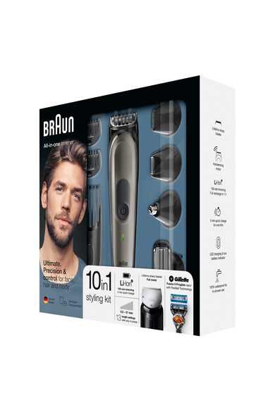 Braun Aparat de ras si tuns  MGK7021, 10-in-1, Tehnologie AutoSensing, 4 piepteni, 4 accesorii, aparat de ras Gillette Flexball, Acumulator, Negru/Gri Barbati