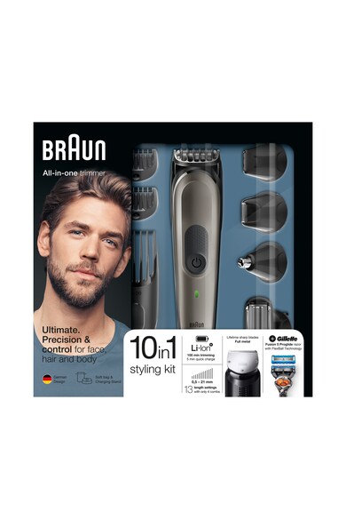 Braun Aparat de ras si tuns  MGK7021, 10-in-1, Tehnologie AutoSensing, 4 piepteni, 4 accesorii, aparat de ras Gillette Flexball, Acumulator, Negru/Gri Barbati