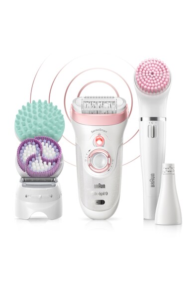 Braun Epilator  Silk-épil 9 9/995 BS Beauty Set, SensoSmart™, Micro-Grip, Wet & Dry, 40 pensete, 2 viteze, cap de ras, Braun FaceSpa 8 accesorii, inclusiv Braun FaceSpa, Suport alimentare, Saculet de voiaj, Alb/Roz Femei