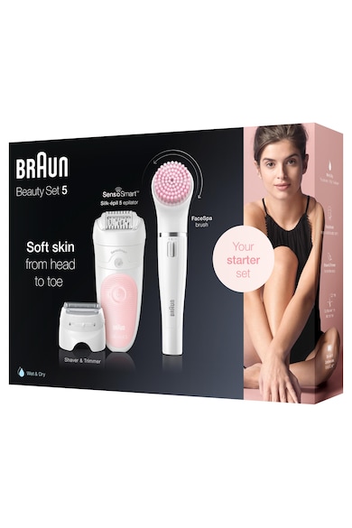 Braun Epilator  Silk-épil 5 5-895 BS Beauty Set, SensoSmart™, Wet & Dry, 28 pensete, 2 viteze, cap de ras, Braun FaceSpa 3 accesorii, Saculet de calatorie, Roz/Alb Femei