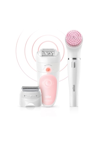 Braun Epilator  Silk-épil 5 5-895 BS Beauty Set, SensoSmart™, Wet & Dry, 28 pensete, 2 viteze, cap de ras, Braun FaceSpa 3 accesorii, Saculet de calatorie, Roz/Alb Femei