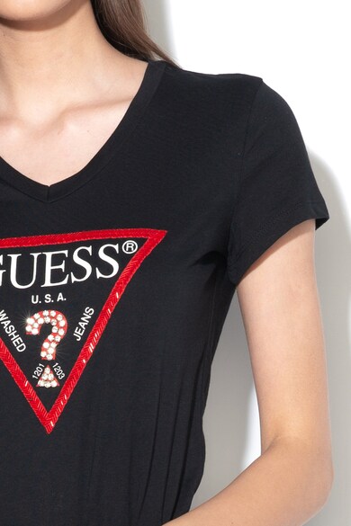 GUESS JEANS V-nyakú póló strasszkövekkel és logóval női