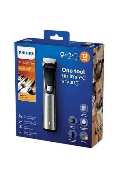 Philips Kit ingrijire 12 in 1 pentru fata, cap si corp  Multigroom /15, 12 instrumente, tehnologie DualCut, Perie Curatare, Husa depozitare, Acumulator, Argintiu/Negru Barbati