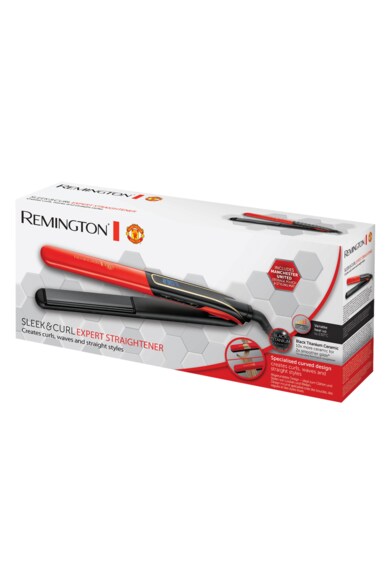 Remington Placa de par  S6755 Sleek & Curl Manchester United Edition, 230 grade, Black Titanium Ceramic, Timp incalzire 15 sec, Functie Boost, Rosu/ Negru Femei