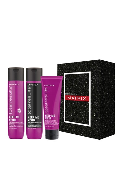 Matrix Set  Total Results Keep Me Vivid pentru par vopsit si mentinerea culorilor vibrante pana la 65 de zile: Sampon profesional 300 ml, Balsam profesional 300 ml, Crema cu protectie termica Velvet 100 ml Femei