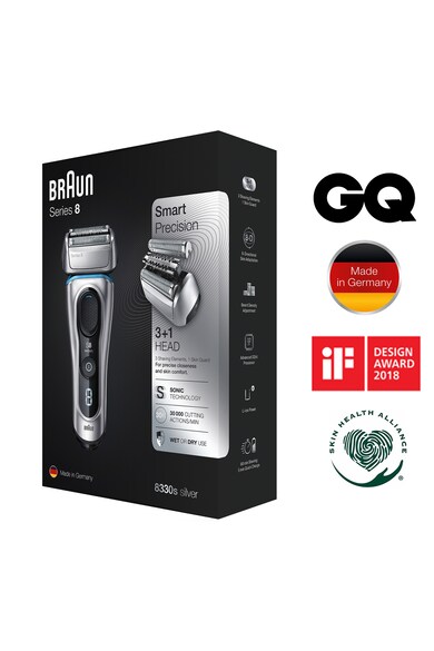 Braun Aparat de ras electric  Series 8 8330s Wet&Dry, 30.000 de actiuni de taiere, 4 elemente de taiere, SensoFlex, AutoSense,Trusa de voiaj, Argintiu Barbati