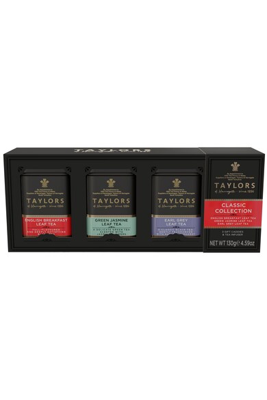 Taylors of Harrogate Set Classic Collection Ceai Negru English Breakfast, Ceai Verde cu Iasomie, Ceai Negru Earl Grey si Infuzor,  Cutii Metalice, Frunze, 130 g Femei