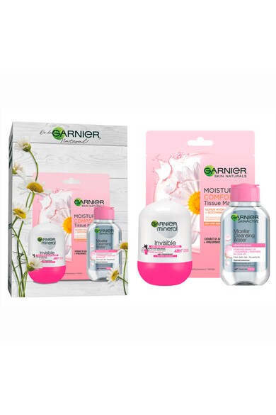 Garnier Trusa : Deodorant roll-on Mineral Invisible for Black&White&Colors, 50 ml + Masca servetel Skin Naturals cu musetel, pentru ten sensibil, 32 g + Apa micelara Skin Naturals pentru ten sensibil, 100 ml Femei