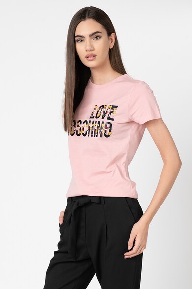 Love Moschino Tricou cu imprimeu logo si decolteu la baza gatului Femei