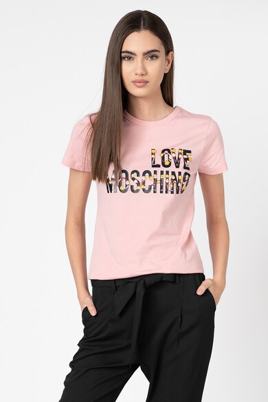 Love Moschino Tricou cu imprimeu logo si decolteu la baza gatului Femei