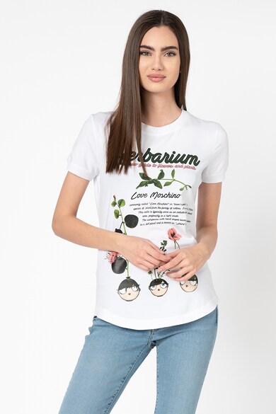 Love Moschino Tricou cu decolteu la baza gatului, imprimeu grafic si text Femei