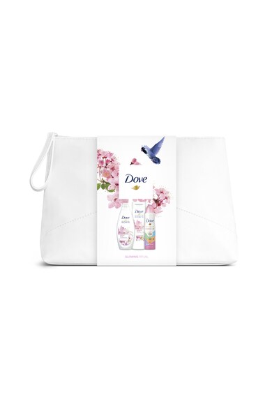 Dove Set ingrijire corp  Glowing Ritual: Gel de dus Lotus Flower Extract & Rice Water, 250 ml + Lotiune de corp Lotus Flower Extract & Rice Water, 250 ml + Deodorant spray antiperspirant Invisible Care Floral Touch, 150 ml + Geanta pentru cosmetice Femei