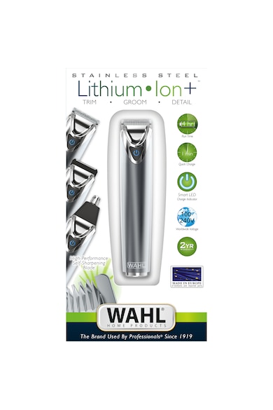 Wahl Aparat de tuns barba din inox   include si trimmer pentru nas si urechi, alimentare acumulator, lame otel cu autoascutire, 4 capete de ghidare, 3 piepteni pentru tuns barba, autonomie 240 minute, gri Barbati