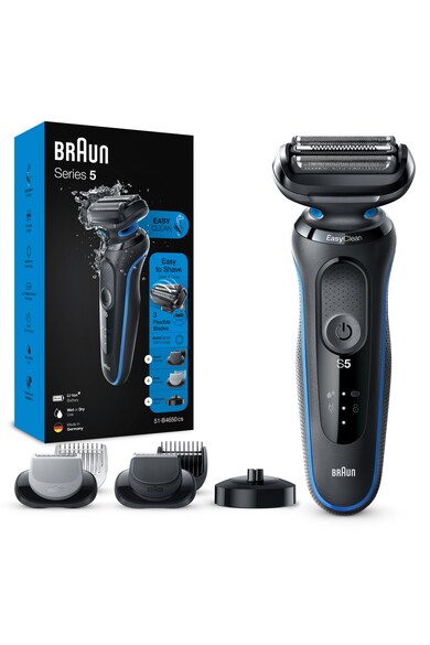 Braun Aparat de ras electric  Series 5 51-B4650cs Wet&Dry, AutoSense, EasyClean, 3 elemente de taiere, accesorii pentru barba si ingrijire corporala, Statie de incarcare, Negru/Albastru Barbati