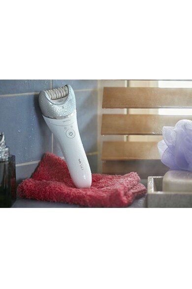 Philips Epilator  Satinelle BRE620/00 Wet & Dry, Discuri ceramice cu micro-striatii, 17 Discuri, Acumulator, Capac pentru masaj si radere, Opti-light, 2 Viteze, Alb Femei