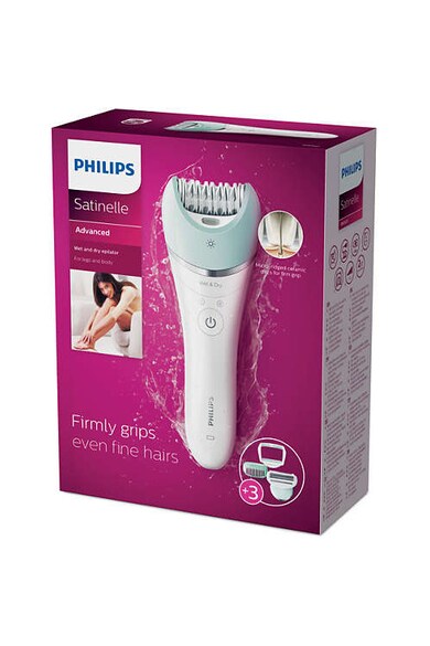 Philips Epilator  Satinelle BRE620/00 Wet & Dry, Discuri ceramice cu micro-striatii, 17 Discuri, Acumulator, Capac pentru masaj si radere, Opti-light, 2 Viteze, Alb Femei