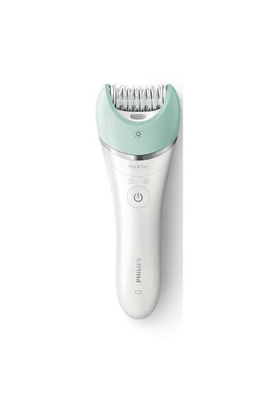 Philips Epilator  Satinelle BRE620/00 Wet & Dry, Discuri ceramice cu micro-striatii, 17 Discuri, Acumulator, Capac pentru masaj si radere, Opti-light, 2 Viteze, Alb Femei