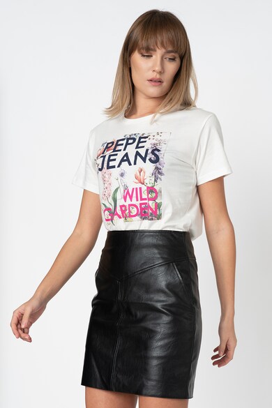 Pepe Jeans London Tricou cu decolteu la baza gatului, model floral si text Addison Femei