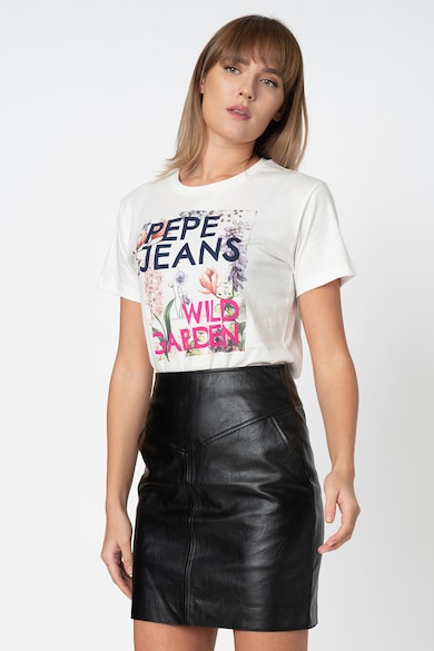 Pepe Jeans London Tricou cu decolteu la baza gatului, model floral si text Addison Femei