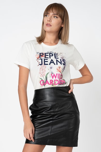 Pepe Jeans London Tricou cu decolteu la baza gatului, model floral si text Addison Femei