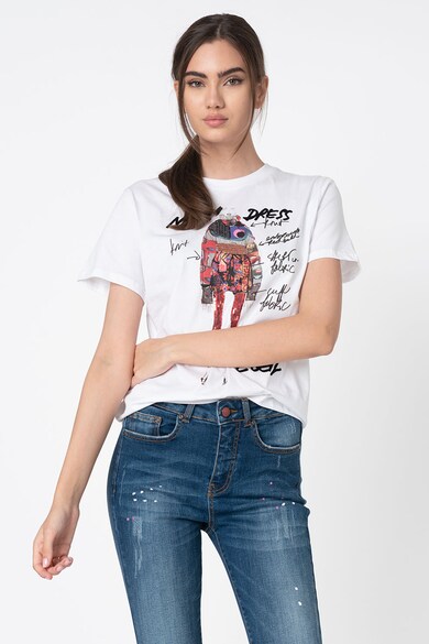 DESIGUAL Tricou din bumbac cu imprimeu si aplicatii din paiete Femei