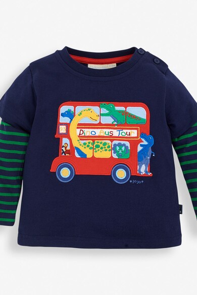 JoJo Maman Bebe Bluza cu aspect 2in1, imprimeu Dino Bus Tour, bleumarin Baieti