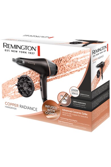 Remington Uscator de par  Copper Radiance, 2200W, Ionizare, grila ceramica, 3 setari temperatura, 2 viteze, Auriu/Negru Femei