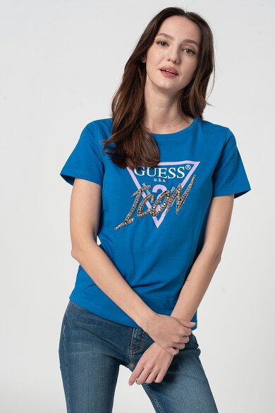 GUESS JEANS Tricou cu decolteu la baza gatului si strasuri Femei