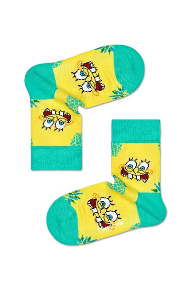 Happy Socks Set 4 perechi de sosete, unisex, cu imprimeu Sponge Bob, Galben Fete