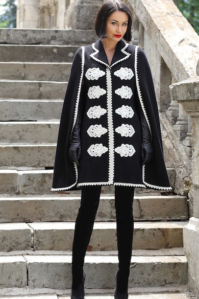 Labe Fold Flare Palton tip capa de lana cu broderii contrastante IIANA (CA53GAI-BLACK) |  Fashion Days