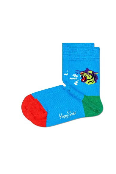 Happy Socks Set 2 perechi de sosete scurte, unisex, imprimeu tigri, Albastru/Negru Fete