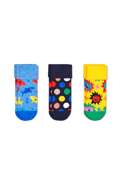 Happy Socks Set 3 perechi de sosete scurte, unisex, cu imprimeuri diverse, Albastru/Galben/Verde Fete