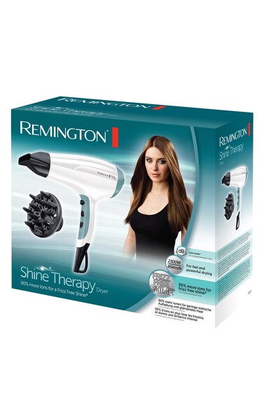 Remington Uscator de par  Shine Therapy , 2300W, Ionizare, 3 trepte de temperatura, 2 viteze, CoolShot, concentrator, difuzor, Alb/Albastru Femei