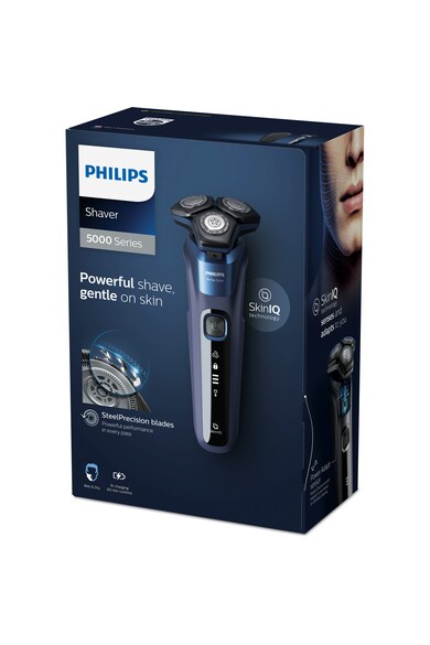 Philips Aparat de ras  Shaver Seria 5000 S5585/30, barbierit umed şi uscat, fara fir, tehnologie SkinIQ, capete flexibile 360°, 60 min, toc de transport, Albastru Barbati