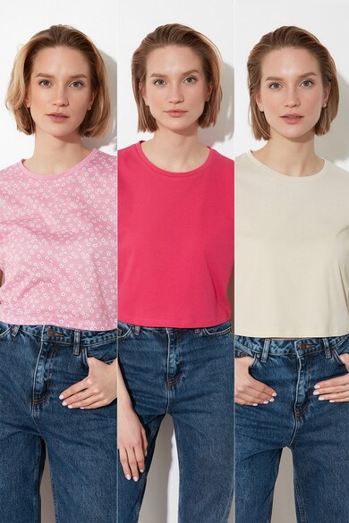 Trendyol Set de tricouri de bumbac cu decolteu la baza gatului -3 piese Femei