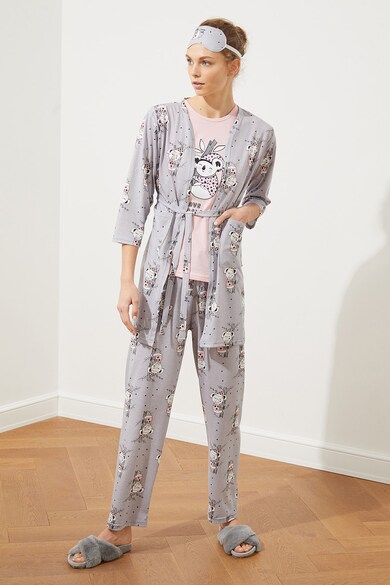 Trendyol Set de halat si pijama cu imprimeu - 3 piese Femei