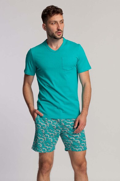 Sofiaman Pijama din bumbac organic cu pantaloni scurti si buzunar aplicat pe piept Green Waves Barbati