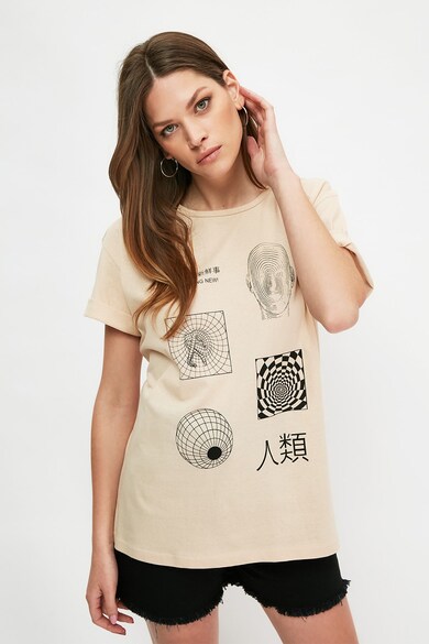 Trendyol Tricou de bumbac cu decolteu rotund si imprimeu grafic Femei