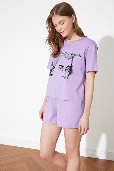 Trendyol Pijama scurta cu imprimeu grafic si text Femei