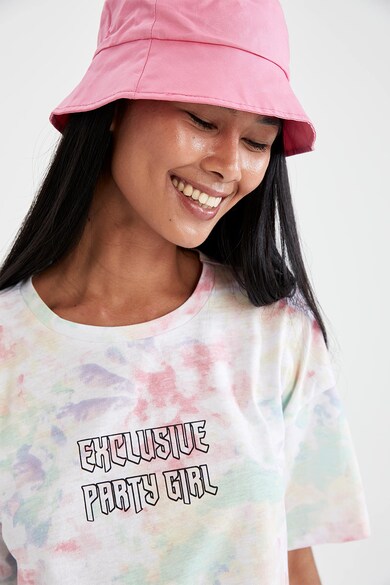 DeFacto Tricou cu model tie-dye si imprimeu text Femei