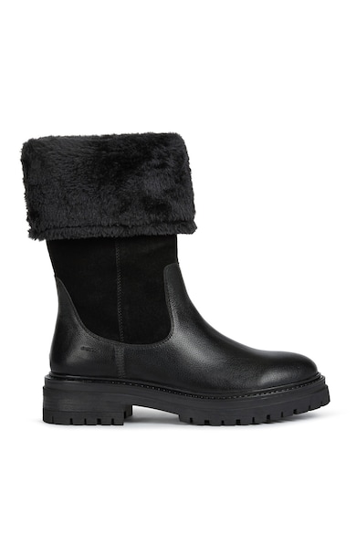 Cizme mid-calf de piele si piele intoarsa cu garnitura de blana sintetica - Negru