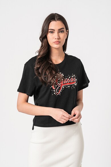 GUESS JEANS Тениска с лого, мъниста и декоративни камъни Жени
