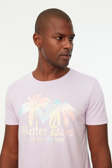 Trendyol Тениска с надпис и тропическа щампа Мъже
