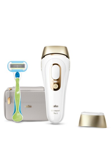 Braun Epilator IPL  Silk-expert PRO 5 PL5054 Senzor automat & continuu Skin pro 2.0, 400.000 impulsuri, 10 niveluri de intensitate, 125 de impulsuri pe minut, Trusa de voiaj, Aparat de ras Venus, Alb/Auriu Femei