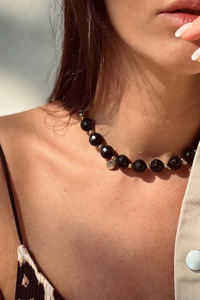 Flicka Rozsdamentes acél nyaklánc ónixkövekkel, Aranyszín, Fekete, női