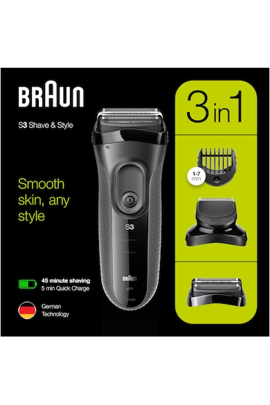 Braun Самобръсначка  3000BT Shave&Style 3-in-1, Тример, 5 аксесоара за бръснене, Сива Мъже