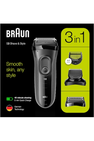 Braun Aparat de ras electric  Series 3 3000BT ProSkin Wet&Dry, MicroComb, cap de tuns, 5 piepteni, Saculet de calatorie, Negru Barbati